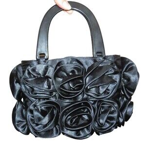 Black Satin Rosette Small Black Dressy Handbag